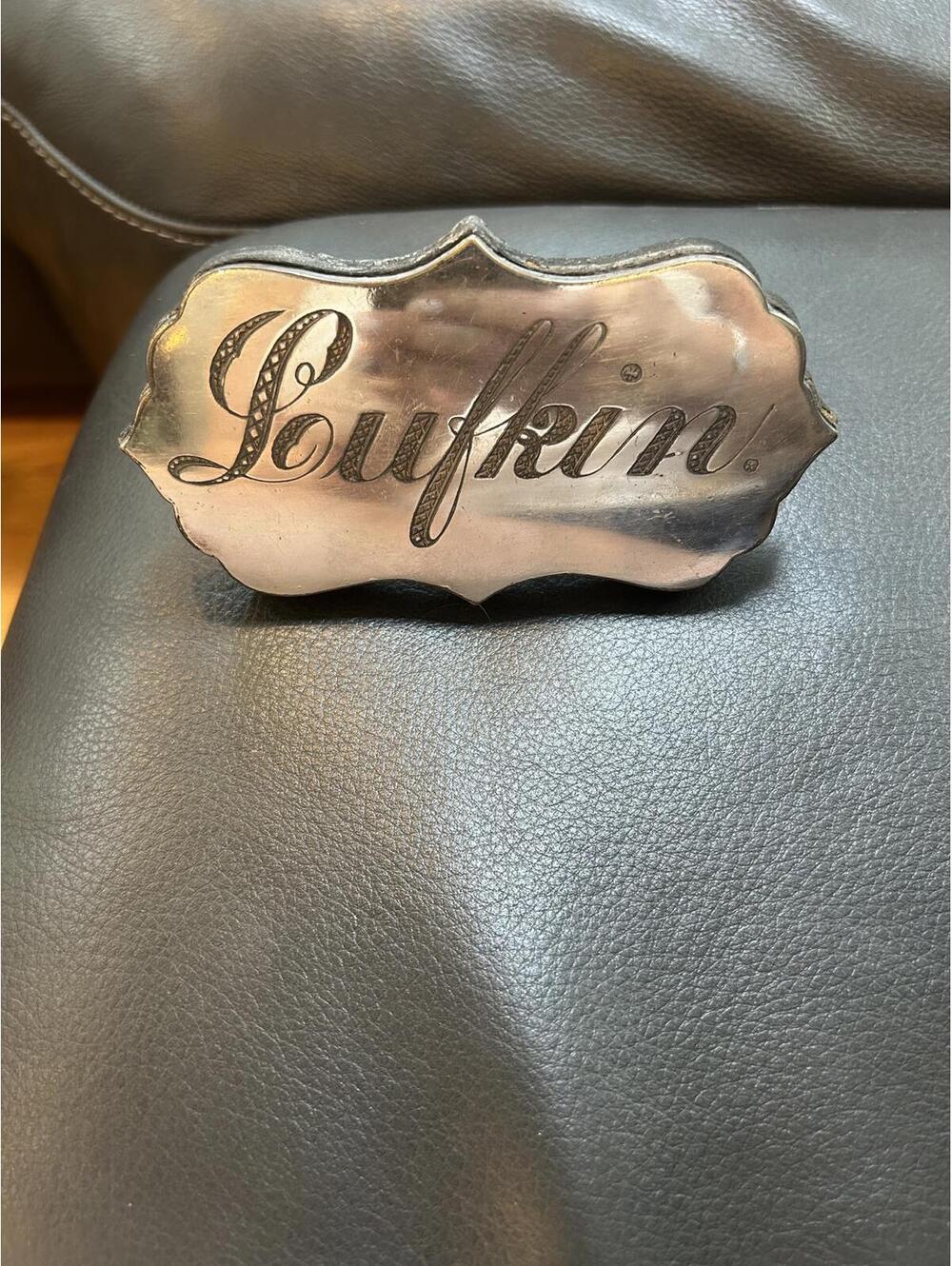 Vintage Lufkin Metal ( Silver plated?)Wood brand name plate